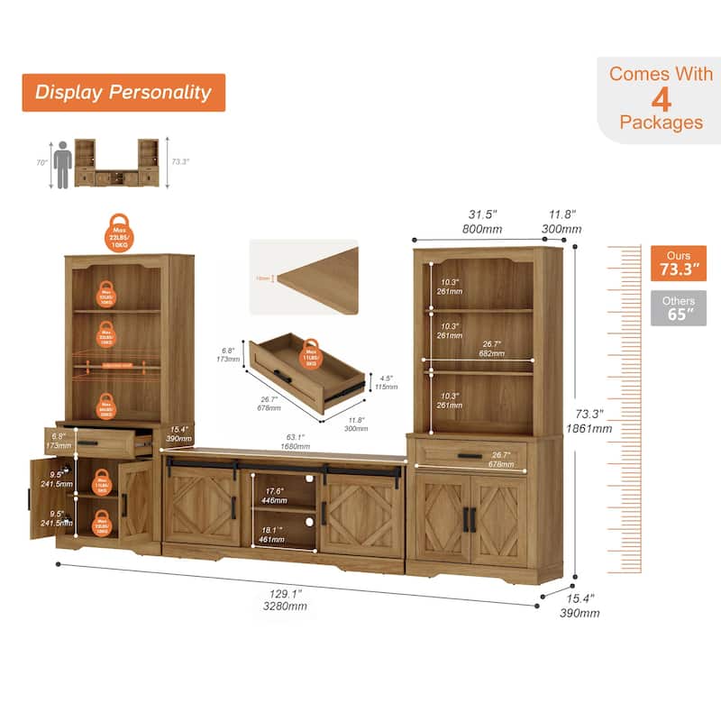 Modern Farmhouse TV Stand with Bookcase for 65" 75" TV with Barn Door for Living Room, Bedroom & Home Office