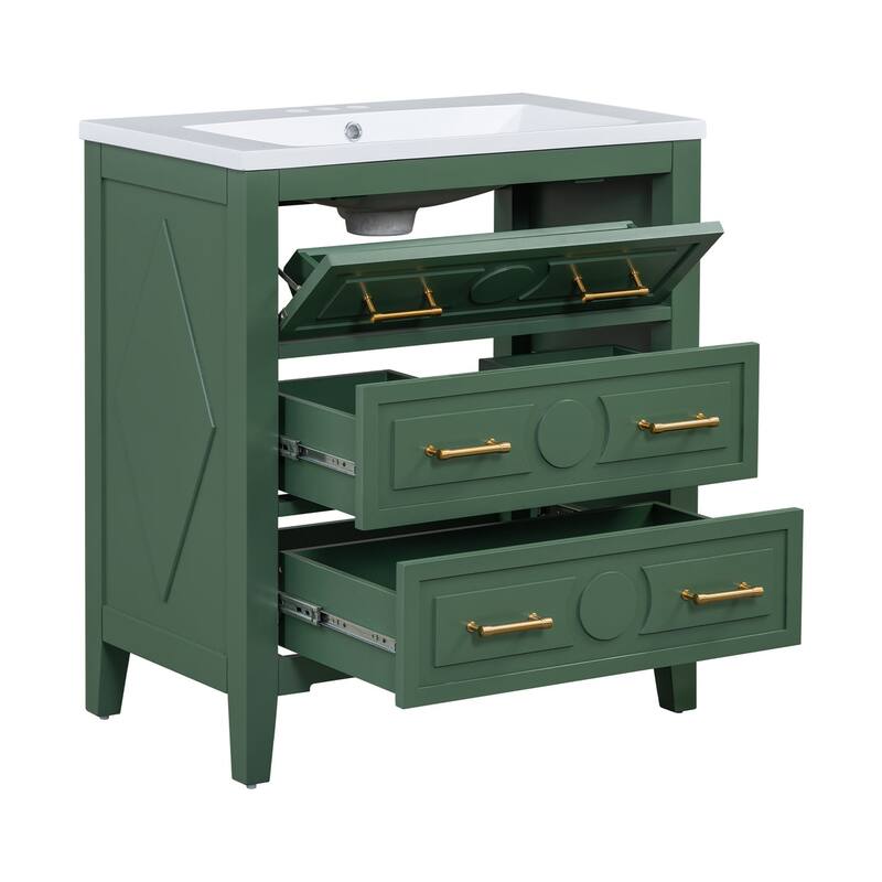 30 inch MDF Freestanding Bathroom Vanity Set in Green with Integrated Resin Sink