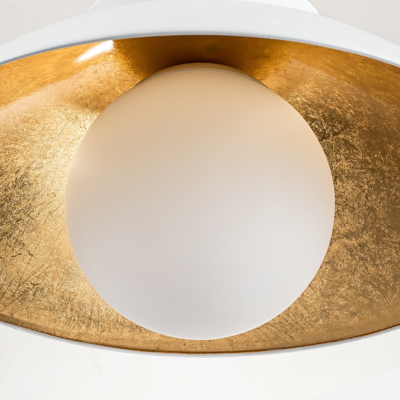 1-Light Modern Farmhouse White/ Black Dome Gold Leaf Wood Pendant with Opal Glass Globe