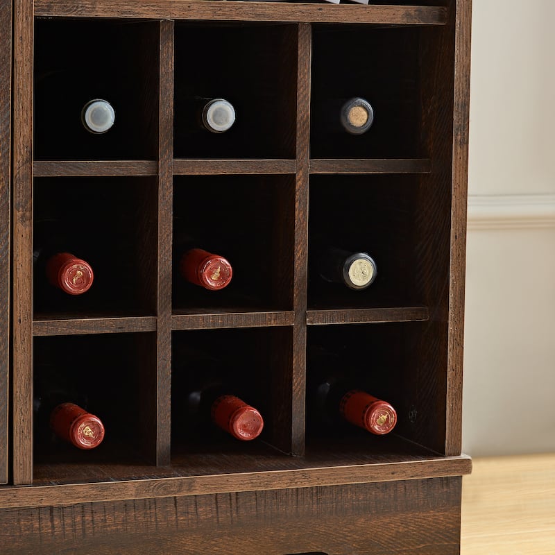 Rustic Bar Cabinet with 9-Bottle Wine Rack, Adjustable Shelves, and Barn Door Design