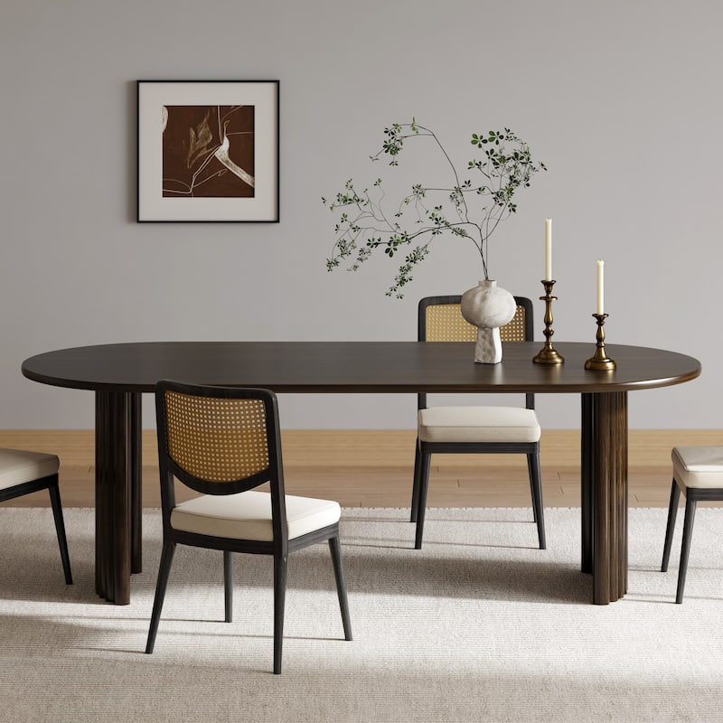 Oval Dining Table with Arc-Shaped Edge Top and Stripes Base Modern Farmhouse Kitchen Table for Living Room Dining Room