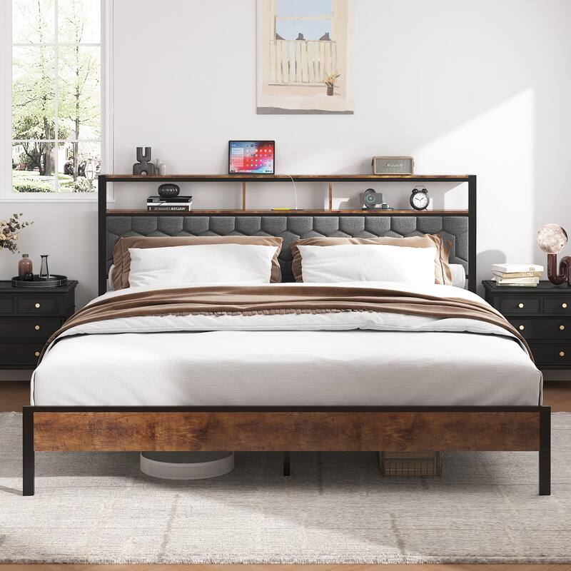 Brown Wood Platform Bed Frame with Type-C Port Noise Free,No Box Spring Needed(Full/Queen/King）