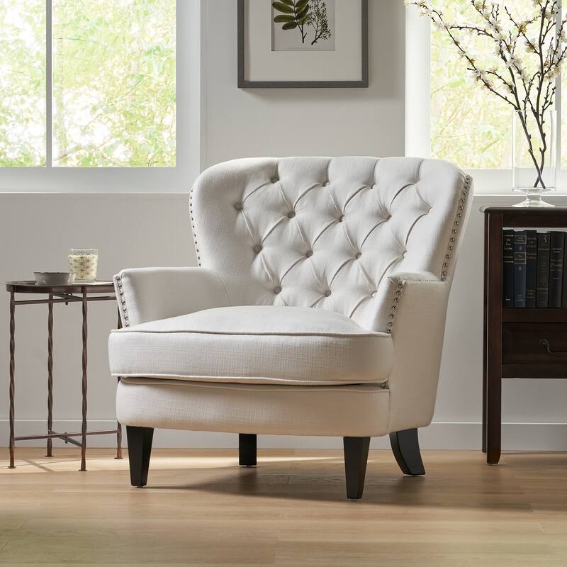 Mid-Century Accent Chair, Upholstered Armchair with Nailhead Trim and Solid Wood Legs, Tufted Lounge Reading Chair Single Sofa