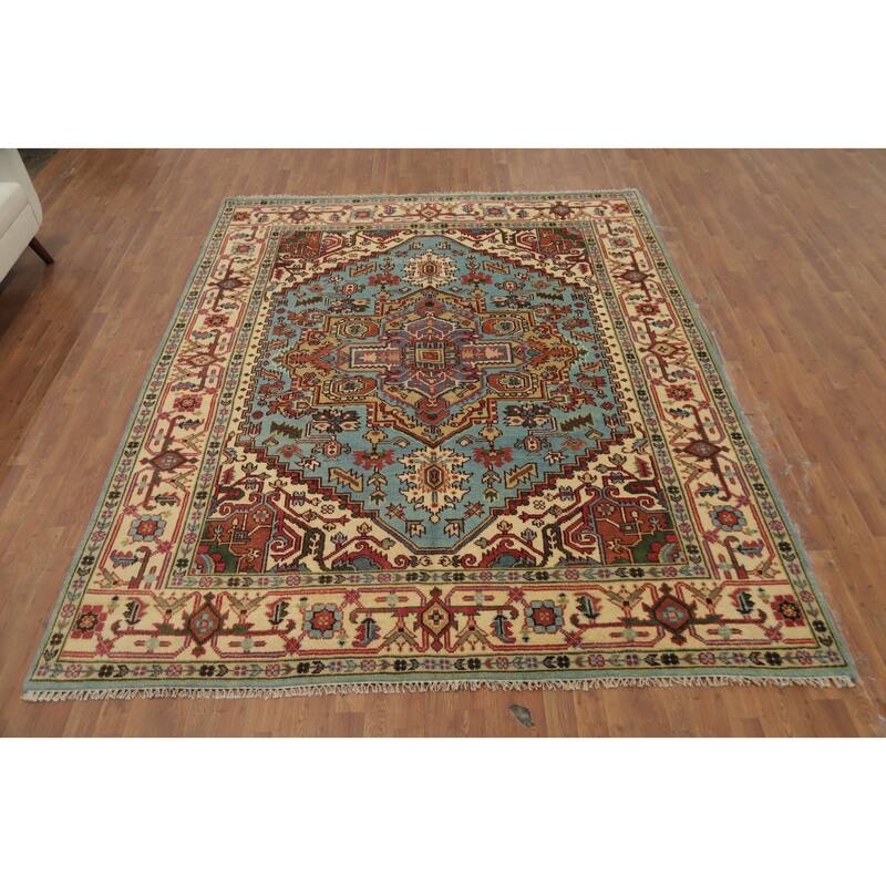 Hand Knotted Oriental 100% Wool Carpet Traditional Medallion Navy Blue & Blues Heriz (serapi) Area Rug - 9' 10'' X 8' 0''