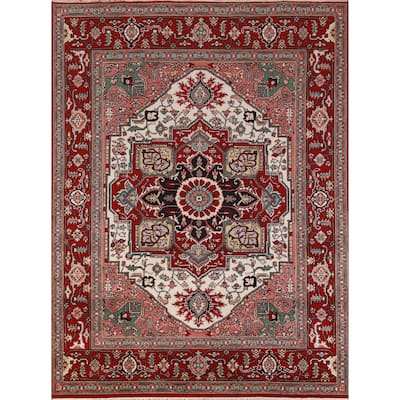 Hand Knotted Oriental 100% Wool Carpet Traditional Medallion Beige & Ivories Heriz (serapi) Area Rug - 10' 1'' X 7' 11''