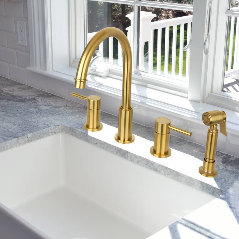 Two-Handles Widespread Kitchen Faucet with Side Sprayer- Brushed Gold