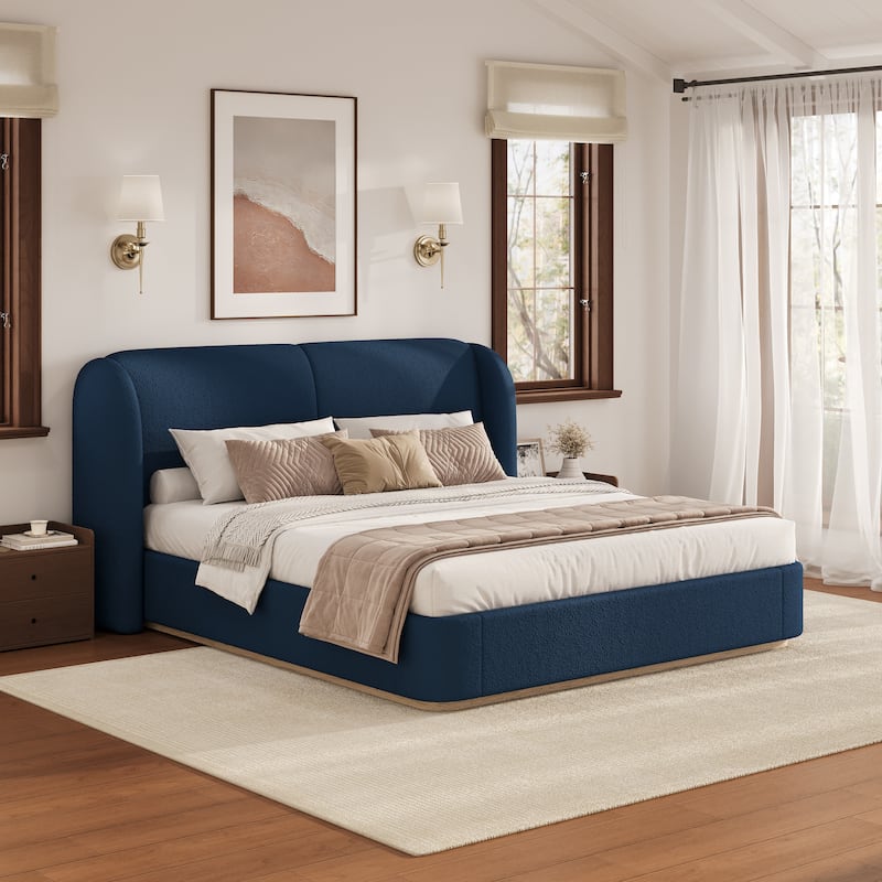 Christopher Knight Home - Valerian Boucle Upholstered Platform Bed with Double-Pillow Headboard - Dark Blue - Queen