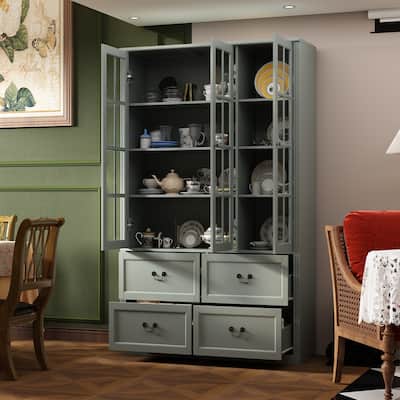 78.7" Combo Buffet Bookcase Storage Cabinet Glass Bookshelf Display