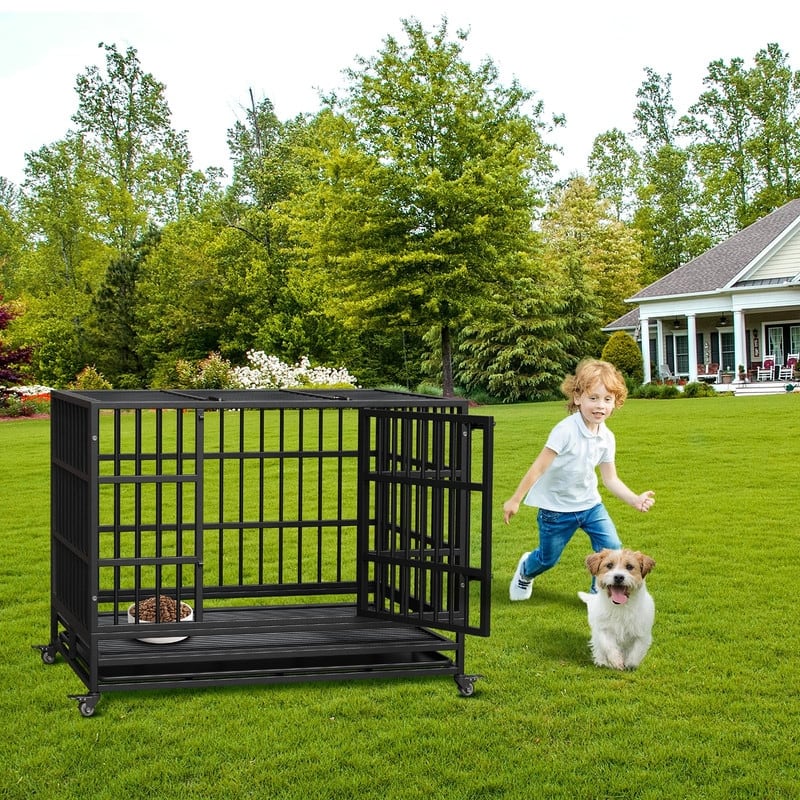 Heavy Duty Dog Crate withDouble Door Wheels ChewProof Metal Kennel for Small Dogs Easy to Assemble