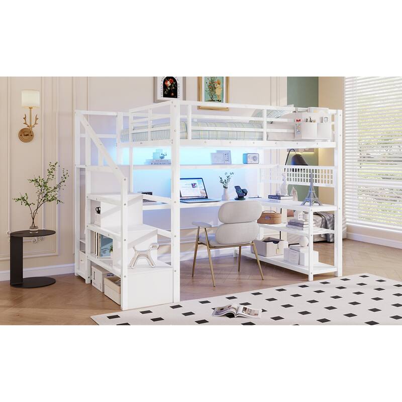 Roomfitters Full Metal Loft Bed, L-Shaped Desk and LED Staircase Wardrobe with Charging Station for Girls Bedroom