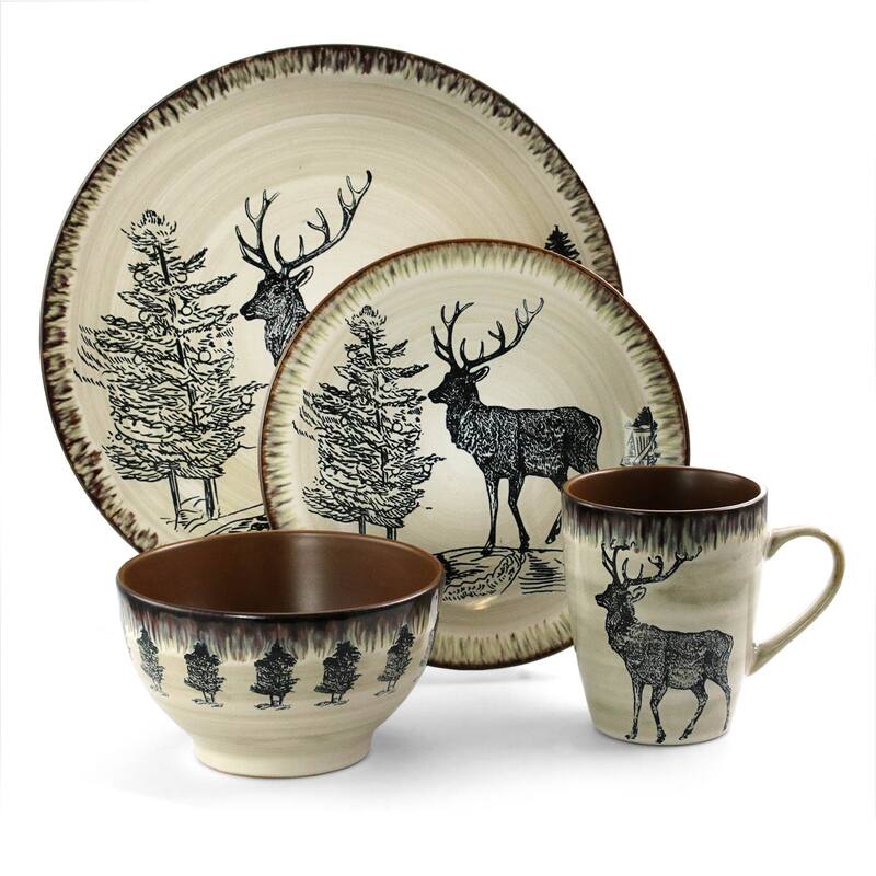 Elama Moose Lodge16 Piece Round Stoneware Dinnerware Set in Taupe