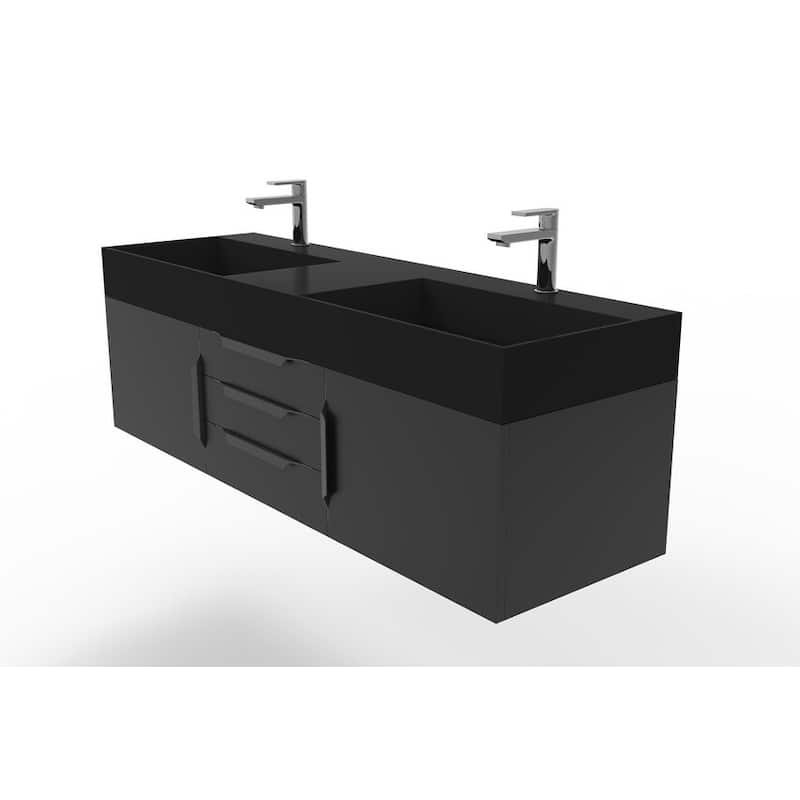 Amazon 60" Wall Mounted Bathroom Vanity Set w/ Black Top