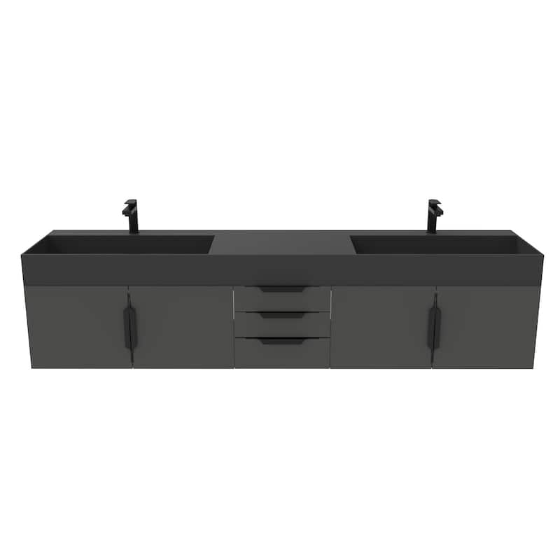 Amazon 84" Wall Mounted Double Bathroom Vanity Set w/ Black Top
