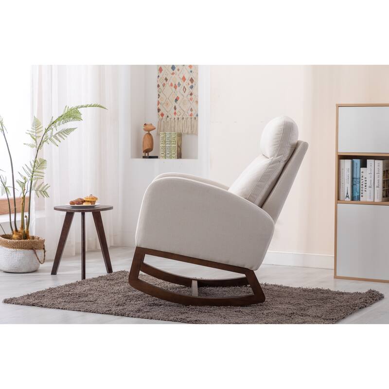 Beige High Back Rocking Chair Nursery Chair Comfortable Rocker Fabric Padded Seat