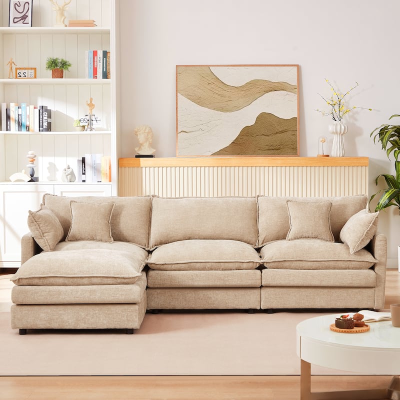Chenille Chaise Sectional Sofa with Ottoman and 3-layers Cushions - Coffee