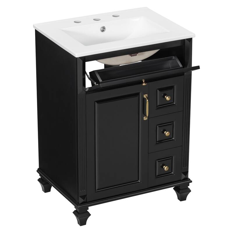 24"Bathroom Vanity with Sink, Freestanding Vanity Cabinet with Flip-Out Drawer, 3 Drawers & Storage Cabinet, Ceramic Sink Top