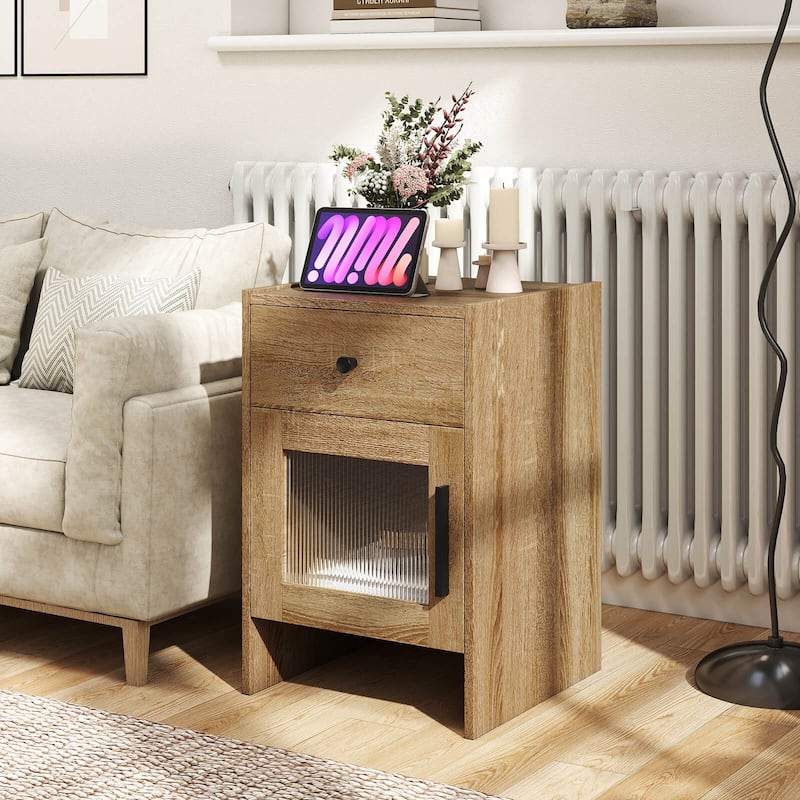 Costway 1/2 PCS Farmhouse Nightstand Fluted Bed Side Table with Large - Natural