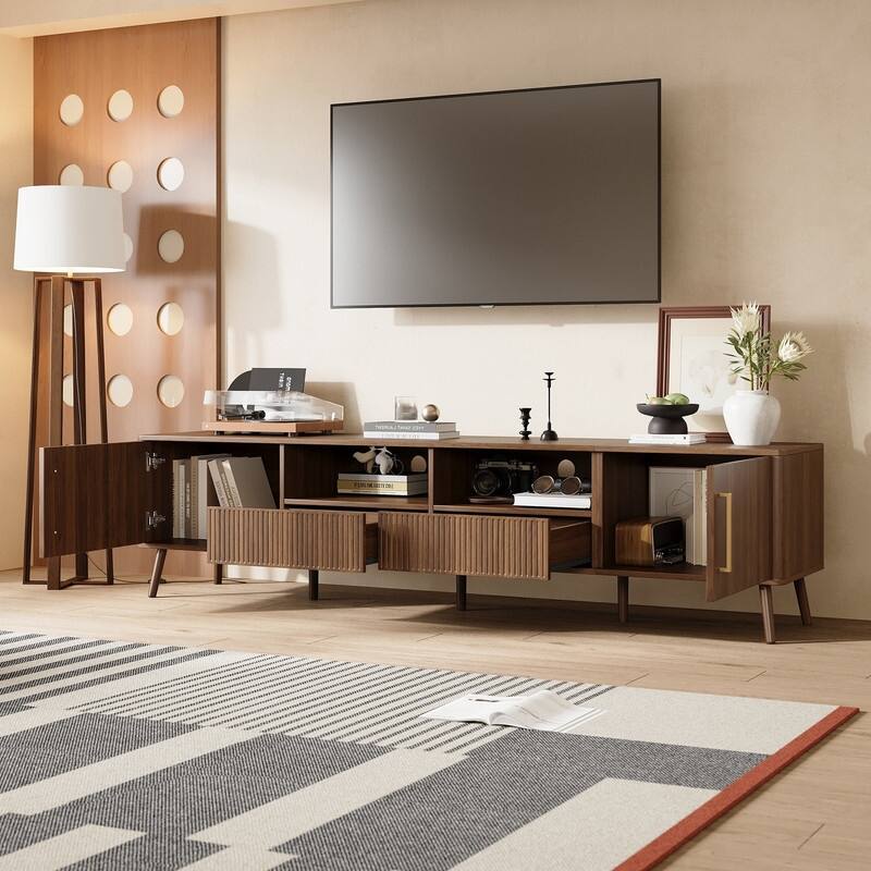 Modern Fluted 78" TV Stand for TVs up to 85", Entertainment Center TV Media Console Table with Doors and Open Shelf