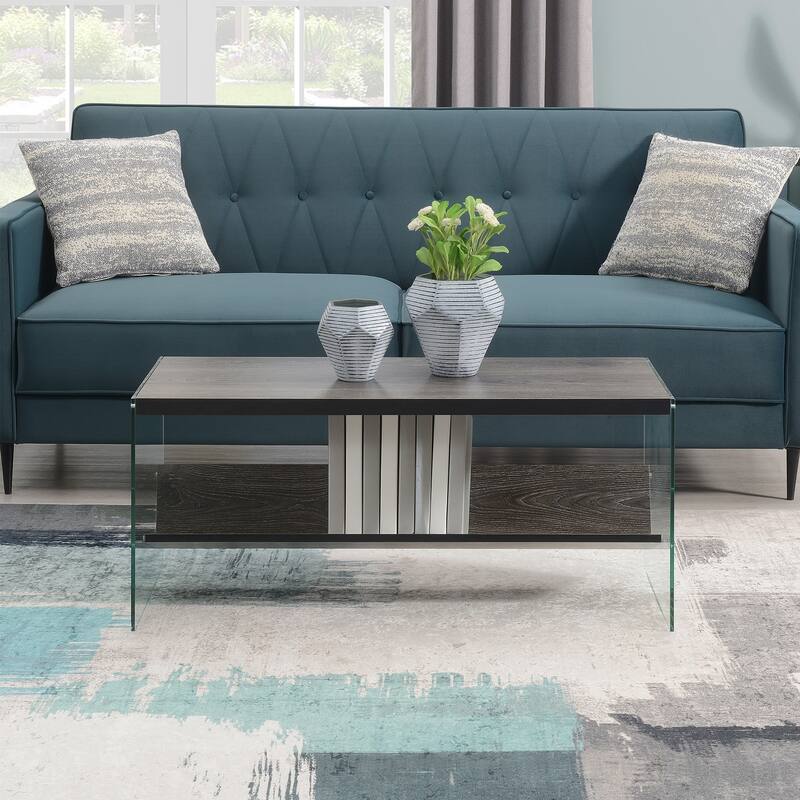 Convenience Concepts SoHo Glass Coffee Table with Shelf - Weathered Grey/Glass