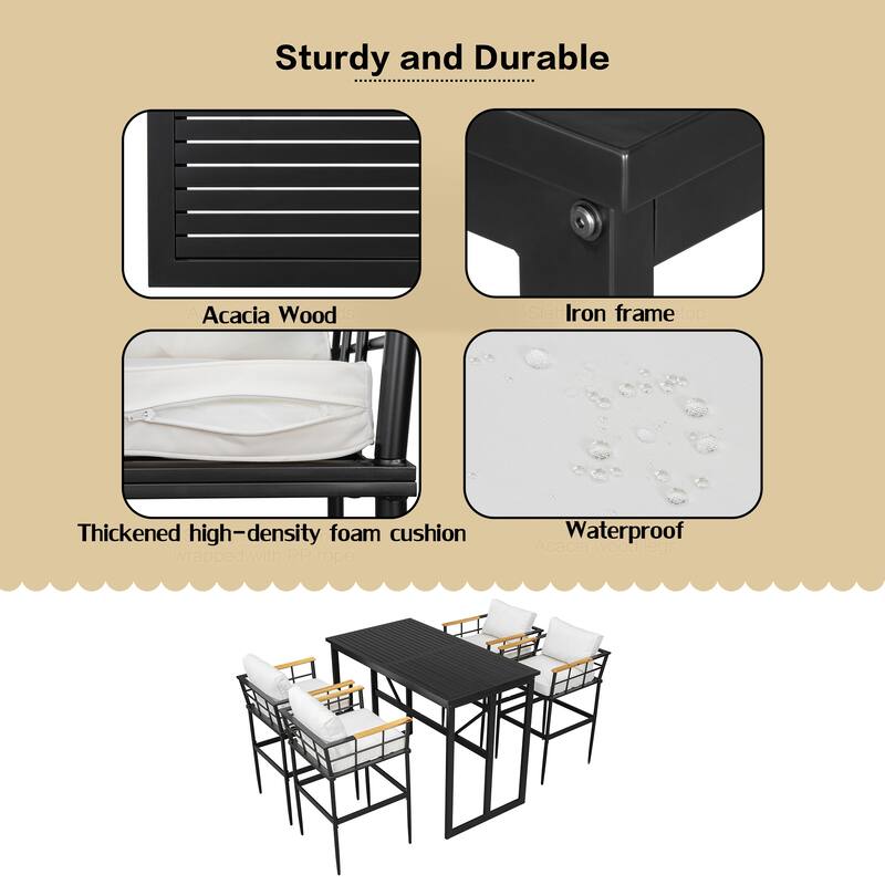 Iron Outdoor Dining Set with Acacia Wood Armrests,Perfect for Patio, Balcony, or Backyard