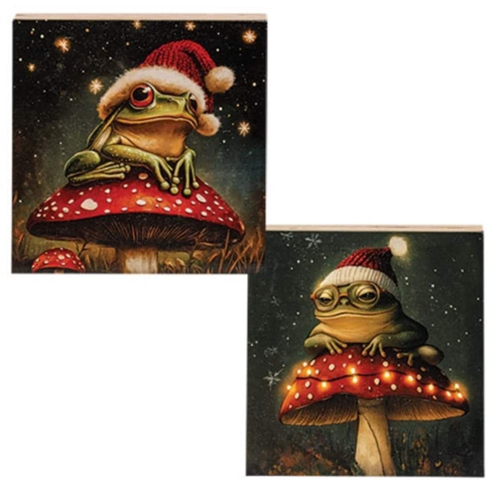Santa Frog on Mushroom Wooden Blocks Rustic Christmas Decor with Woodland Starry Sky Design - 2 Asstd