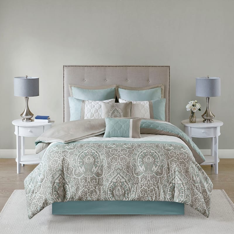 GDF Studio - Shawnee 8-Piece Quilted Comforter Set with Decorative Pillows - Seafoam (Cal King)
