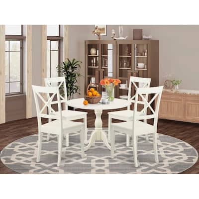 HomeStock 5-Piece Linen White Finish Solid Wood Top Dining table with 4-Chairs with Drop Leaf Lattice Back