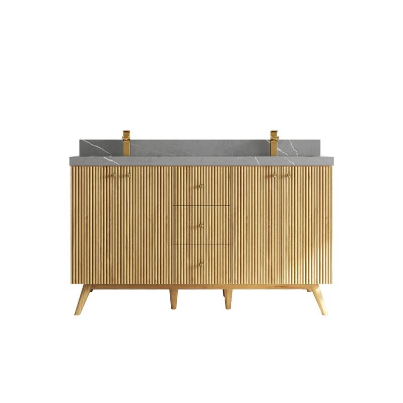 Willow Collections 60 in. W x 22 in. D Pasadena Solid Teak Double Sink Bathroom Vanity with Countertop - 2"Piatra Gray - Light Natural