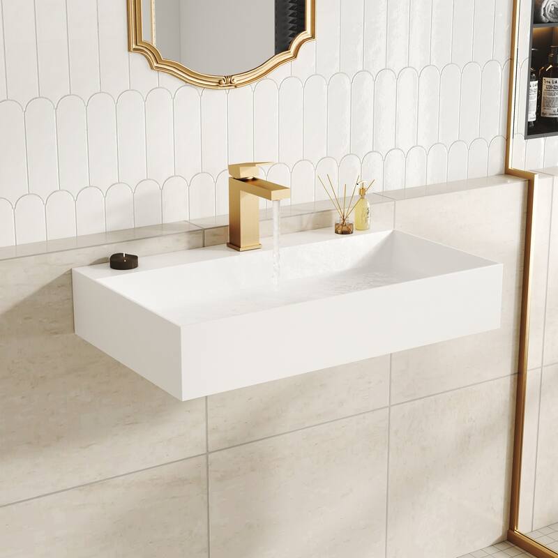 Solid Surface Wall-Mounted Rectangular Bathroom Sink with Pop-Up Drain, Modern Floating Wash Basin with Center Drain