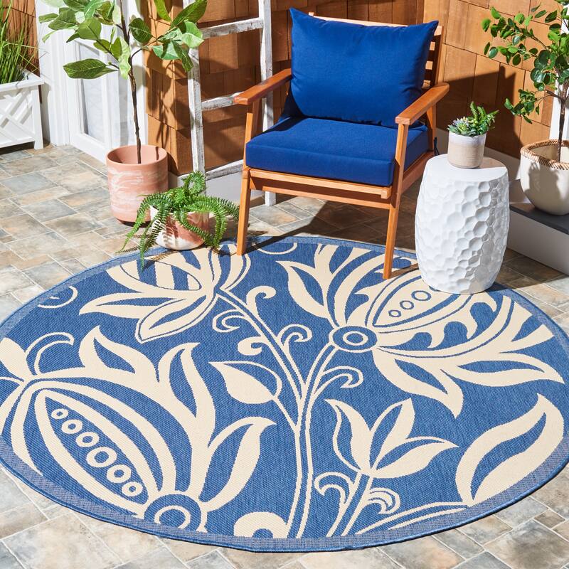 SAFAVIEH Courtyard Nasima Indoor/ Outdoor Patio Backyard Rug - 5'3" Round - Blue/Natural