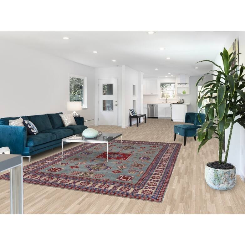 Hand Knotted Oriental 100% Wool Carpet Traditional Geometric Navy Blue & Blues Kazak Area Rug - 9' 8'' X 6' 8''