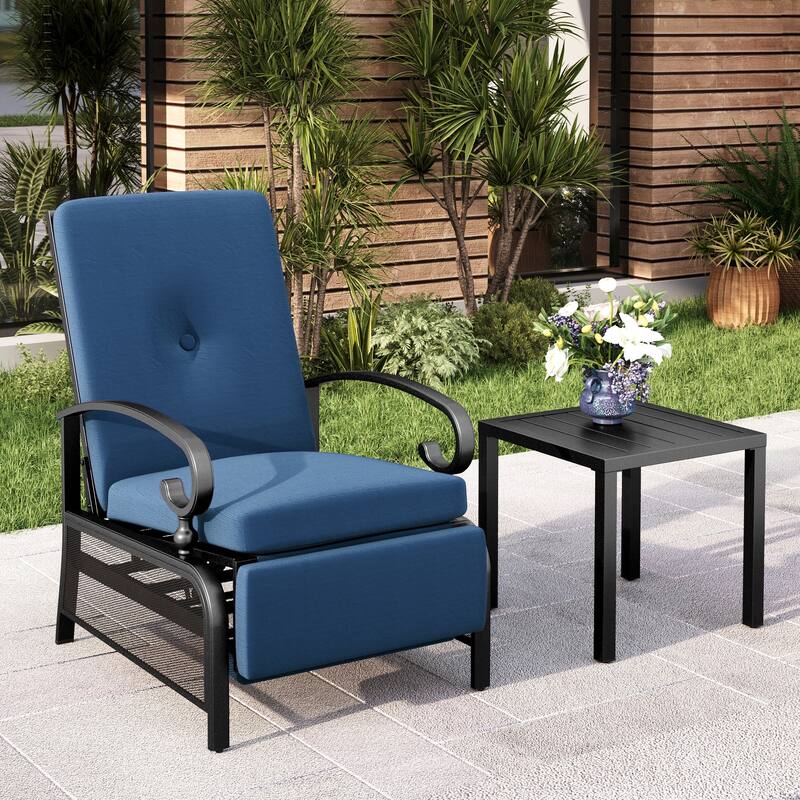 2-Piece Outdoor Bistro Set,1 Patio Metal Adjustable Relaxing Recliner Lounge Chair and 1 Metal Side Table - Blue