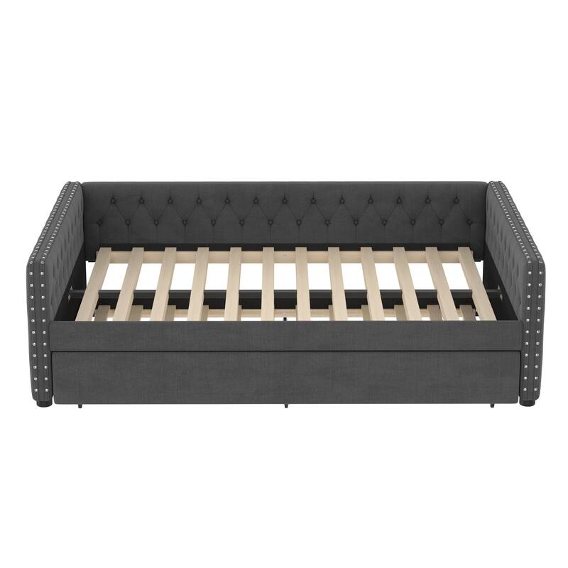 Full Size Upholstered Daybed with Trundle, Tufted Sofa Bed with Rivet-Trimmed Arms and Button Detail
