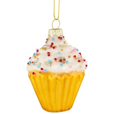 3" White and Golden Cupcake Glass Christmas Hanging Ornament