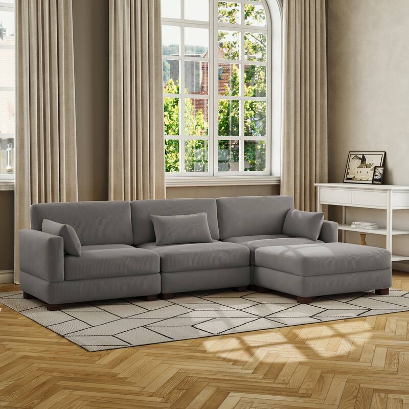 Corduroy Modular Sectional Sofa with Ottoman and Pillows - Light Grey-4 Piece
