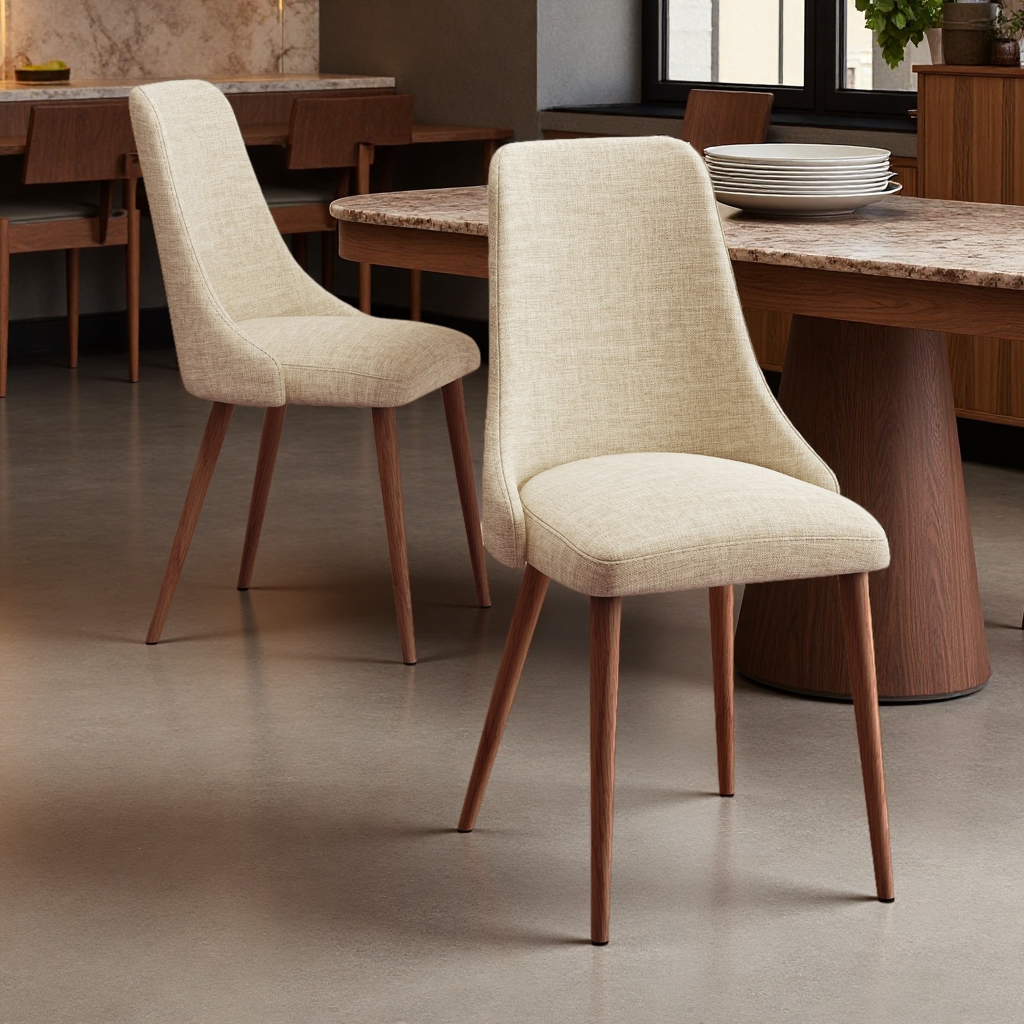 35.5"H Set of 2 Mid-Century Fabric Armless Dining Chairs with Curved Back & Wood Legs