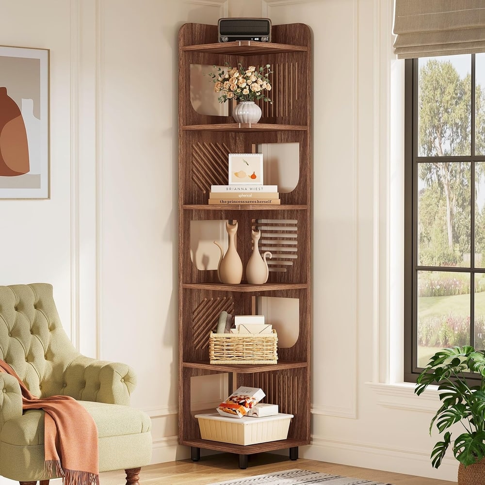 6-Tier Narrow Corner Shelf Stand, 71-Inch Rustic Tall Corner Bookshelf