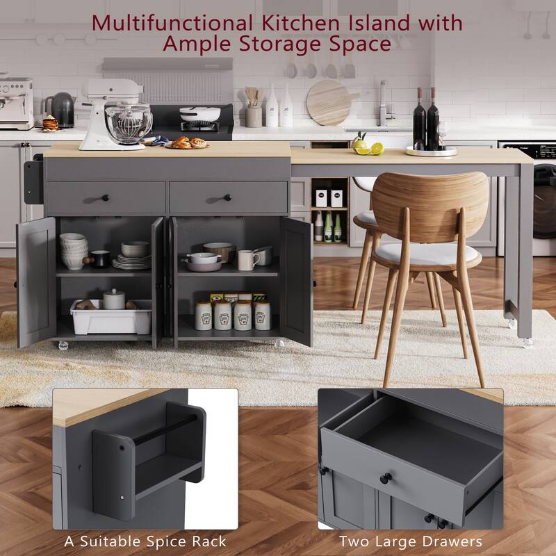74.5" Extendable Kitchen Island with Dining Table, Rolling Storage Cart with 4 Doors, 2 Drawers, and Spice Rack