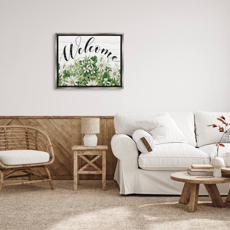 Stupell Welcome Rustic Planked Sign White Flower Blossoms Floater Frame, Design by Cindy Jacobs