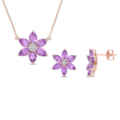 Miadora Amethyst & 1/6ct TDW Diamond Clustered Floral Stud Earrings & Necklace Set in 10k Rose Gold