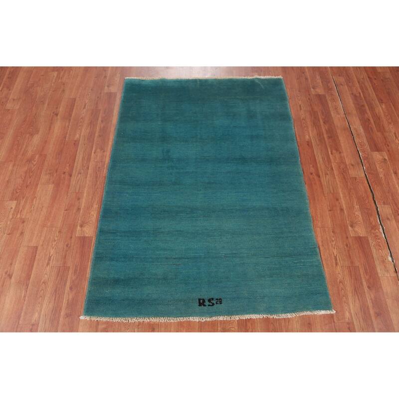 Turquoise Blue Gabbeh Accent Modern Rug Hand-Knotted Wool Carpet - 3'6" x 4'11"
