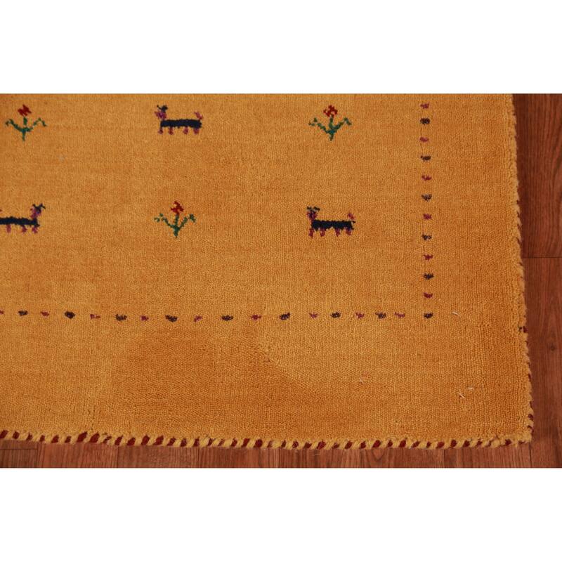 Hand Knotted Oriental 100% Wool Carpet Tribal Animal Pictorial Yellow & Gold Gabbeh Runner Rug - 9' 10'' X 2' 6''