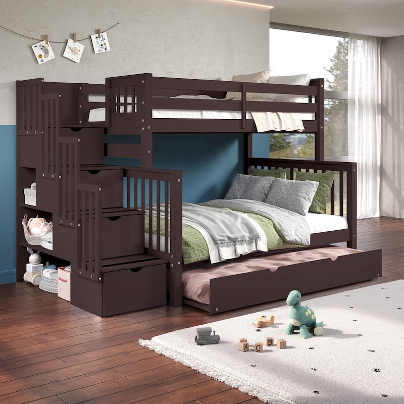 Taylor & Olive Trillium Twin over Full Stairway Bunk Bed, Twin Trundle - Dark Cherry