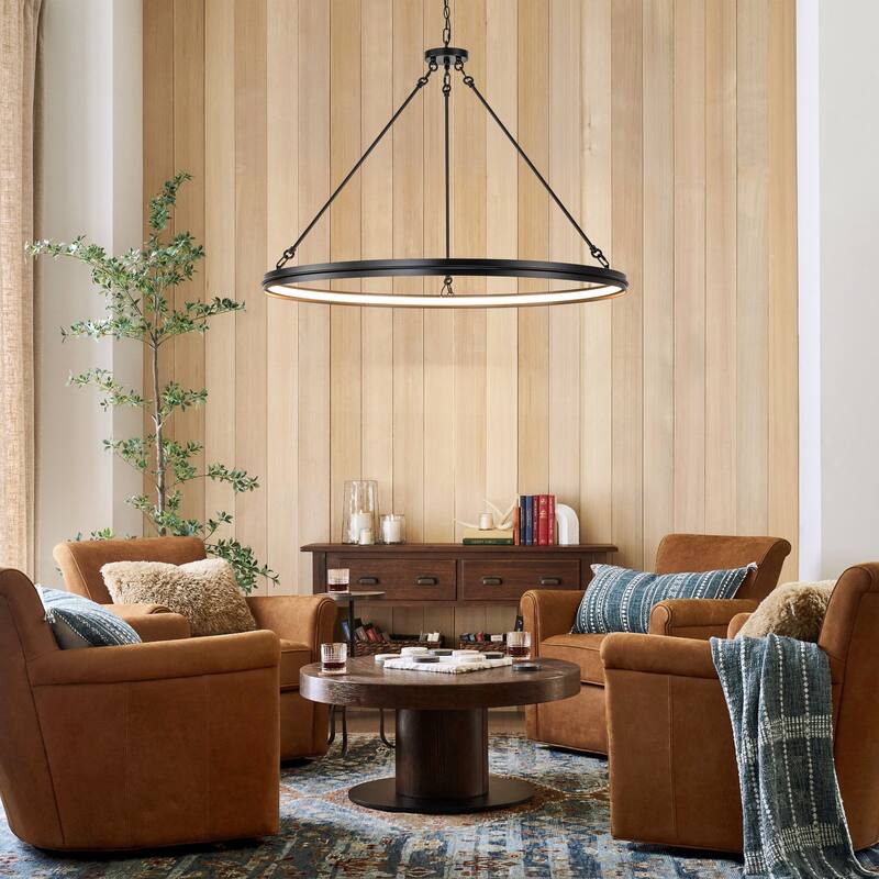 38.1" Modern Black/Gold Integrated LED Large Wagon Wheel Chandelier