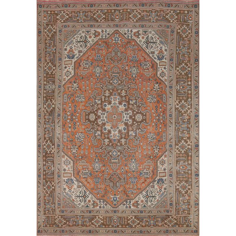 Geometric Tabriz Area Rug Orange Handmade Wool Carpet - 6'5"x 9'5"
