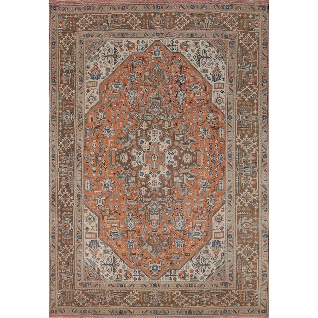 Geometric Tabriz Area Rug Orange Handmade Wool Carpet - 6'5"x 9'5"