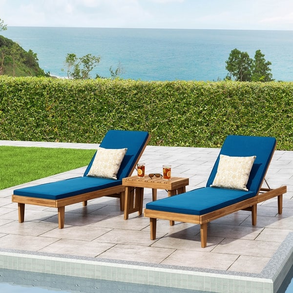 Nadine Outdoor Acacia Wood 3 Piece Chaise Lounge Set with Water