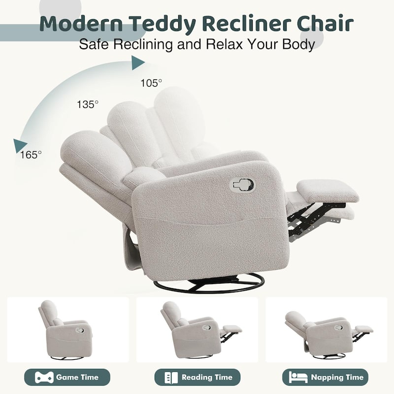 Swivel Manual Recliner Chair Teddy Fabric Nursery Glider Rocking Recliner Set of 2