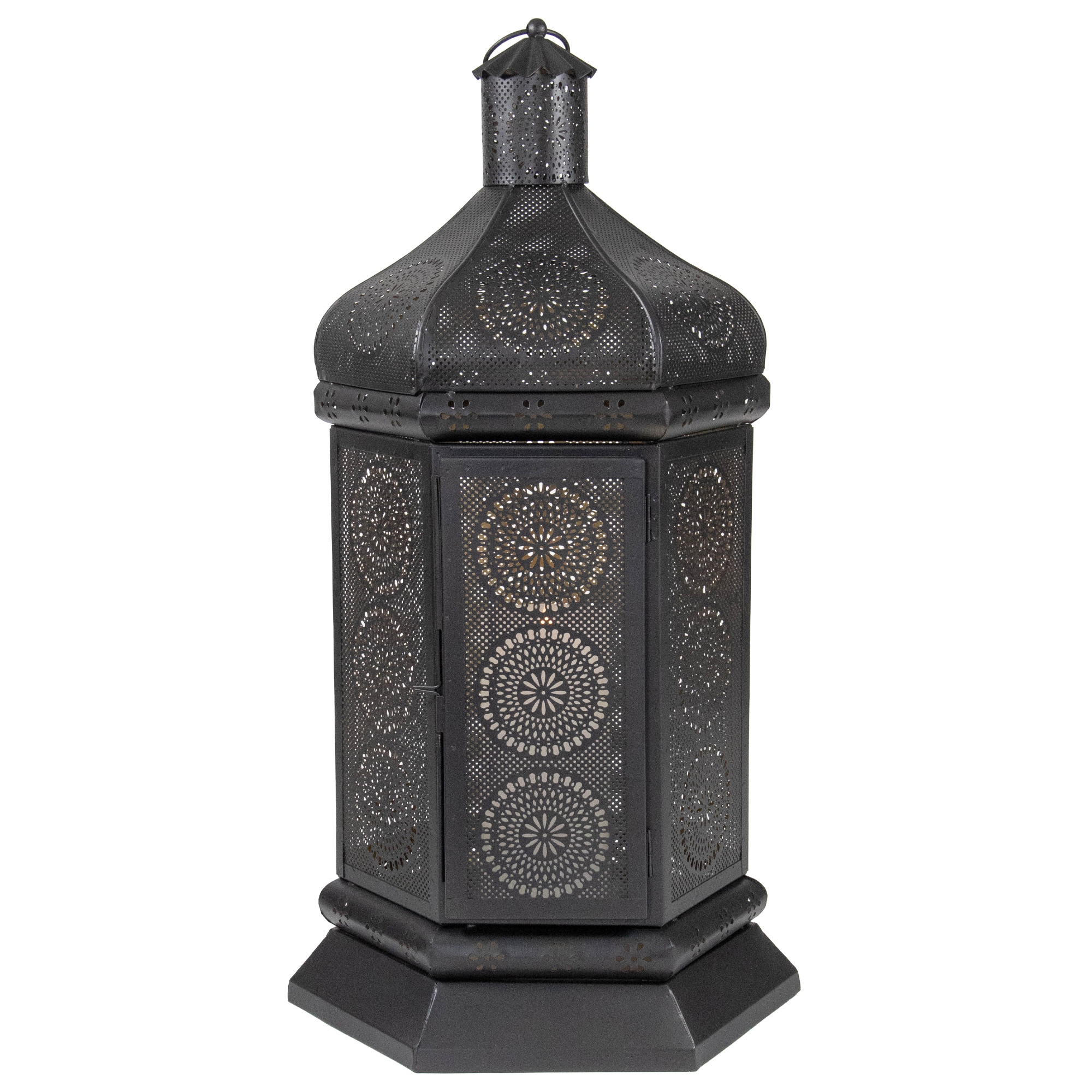 Northlight 21.5 Black and Gold Moroccan Style Floral Cut Out Pillar Candle Lantern