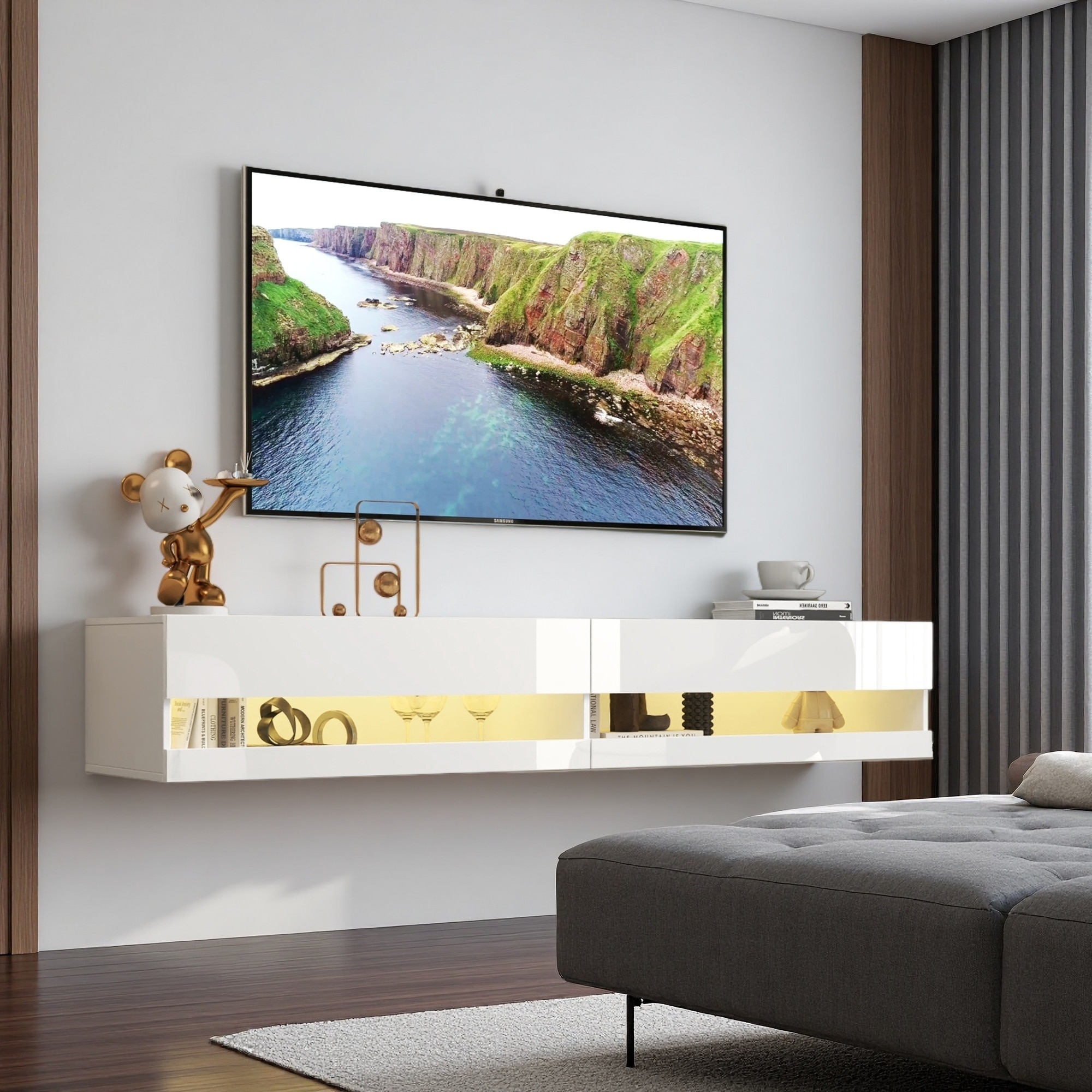 80" Particleboard Wall-Mounted Floating TV Stand with 20-Color LED Lighting and Cable Management